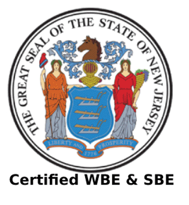 The Great Seal of the State of New Jersey logo with text that says 'Certified WBE & SBE.'