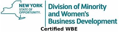 The New York State Division of Minority and Women's Business Development logo with text that<br>says 'Certified WBE.'
