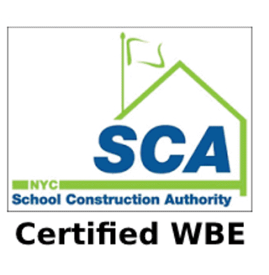 The NYC School Construction Authority logo with text that says 'Certified WBE.'